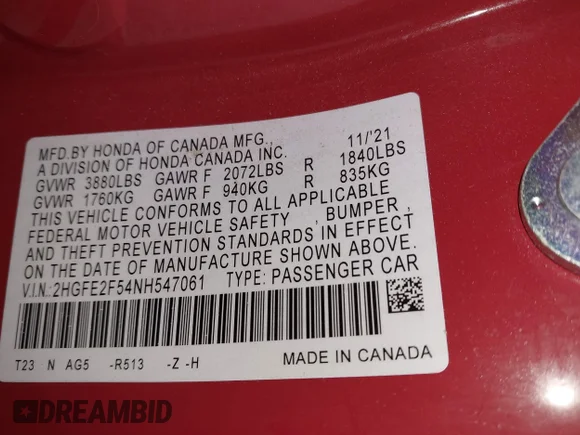 ✅ 2022 Honda Civic Sport • VIN: 2HGFE2F54NH547061 • Lot: 43938595. Wystawiony na IAAI z przebiegiem 54 134 mil. Bezpłatny archiwum sprzedaży aukcyjnych z USA i szczegółowy raport historii pojazdu na DreamBid. Zdjęcie 9.