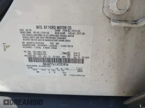✅ 2018 Ford EcoSport S • VIN: MAJ6P1SL1JC225956 • Lot: 42425540. Wystawiony na IAAI z przebiegiem 105 330 mil. Bezpłatny archiwum sprzedaży aukcyjnych z USA i szczegółowy raport historii pojazdu na DreamBid. Zdjęcie 9.