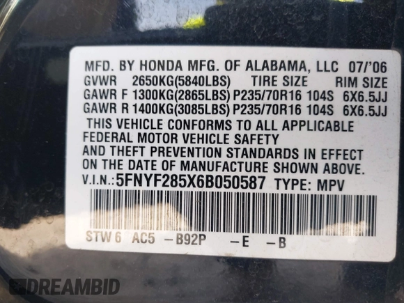 ✅ 2006 Honda Pilot EX-L • VIN: 5FNYF285X6B050587 • Lot: 43091658. Wystawiony na IAAI z przebiegiem 248 942 mil. Bezpłatny archiwum sprzedaży aukcyjnych z USA i szczegółowy raport historii pojazdu na DreamBid. Zdjęcie 9.