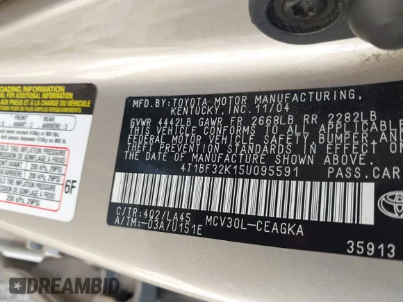 ✅ 2005 Toyota Camry LE • VIN: 4T1BF32K15U095591 • Лот: 45492694. Опубликован ранее на IAAI с пробегом 130 841 миль. Бесплатный доступ к архиву аукционных продаж из США и подробный отчёт об истории автомобиля на DreamBid. Изображение 9.