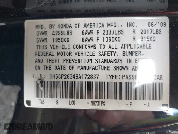 ✅ 2009 Honda Accord LX • VIN: 1HGCP26349A172837 • Lot: 45377245. Listed on IAAI with 123,256 mi. Free auction sales archive from the USA and detailed vehicle history report at DreamBid. Image 9.