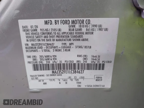 ✅ 2020 Ford EcoSport S • VIN: MAJ3S2FE1LC384627 • Lot: 44904753. Wystawiony na IAAI z przebiegiem 59 132 mil. Bezpłatny archiwum sprzedaży aukcyjnych z USA i szczegółowy raport historii pojazdu na DreamBid. Zdjęcie 9.