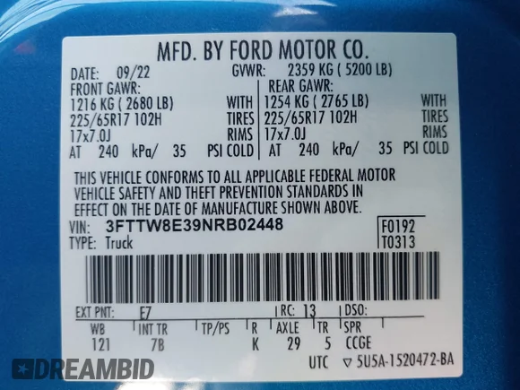 ✅ 2022 Ford Maverick XLT • VIN: 3FTTW8E39NRB02448 • Lot: 43344860. Wystawiony na IAAI z przebiegiem 21 475 mil. Bezpłatny archiwum sprzedaży aukcyjnych z USA i szczegółowy raport historii pojazdu na DreamBid. Zdjęcie 9.