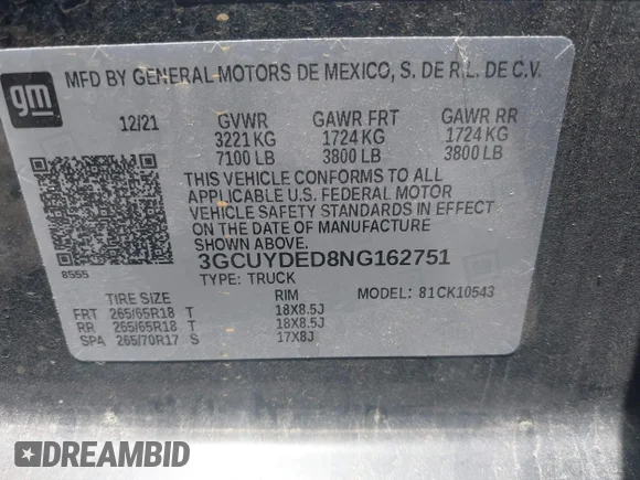 ✅ 2022 Chevrolet Silverado 1500 LT • VIN: 3GCUYDED8NG162751 • Lot: 44921322. Wystawiony na IAAI z przebiegiem 75 008 mil. Bezpłatny archiwum sprzedaży aukcyjnych z USA i szczegółowy raport historii pojazdu na DreamBid. Zdjęcie 9.