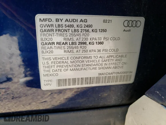 ✅ 2021 Audi Q5 Prestige • VIN: WA1CAAFY0M2059194 • Лот: 66514713. Опубликован ранее на Copart с пробегом 23 587 миль. Бесплатный доступ к архиву аукционных продаж из США и подробный отчёт об истории автомобиля на DreamBid. Изображение 13.