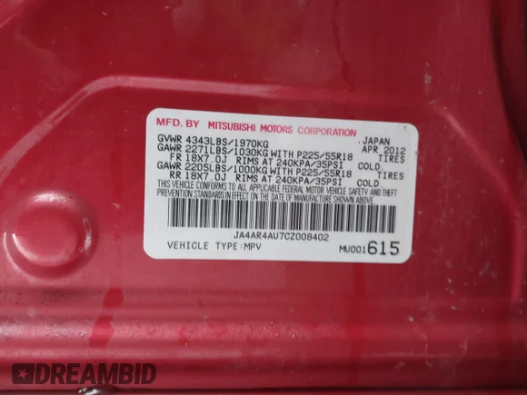 ✅ 2012 Mitsubishi Outlander SE • VIN: JA4AR4AU7CZ008402 • Lot: 44068694. Wystawiony na IAAI z przebiegiem 114 216 mil. Bezpłatny archiwum sprzedaży aukcyjnych z USA i szczegółowy raport historii pojazdu na DreamBid. Zdjęcie 9.