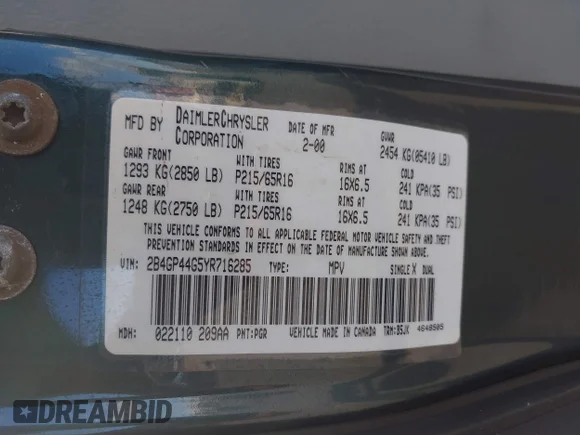 ✅ 2000 Dodge Caravan SE • VIN: 2B4GP44G5YR716285 • Lot: 43257663. Wystawiony na IAAI z przebiegiem 210 936 mil. Bezpłatny archiwum sprzedaży aukcyjnych z USA i szczegółowy raport historii pojazdu na DreamBid. Zdjęcie 9.