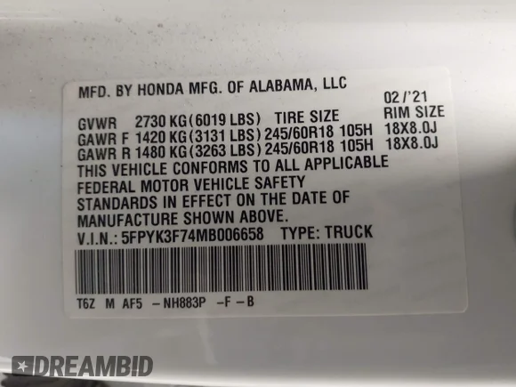 ✅ 2021 Honda Ridgeline RTL-E • VIN: 5FPYK3F74MB006658 • Лот: 43939853. Опубліковано раніше на IAAI з пробігом 68 617 миль. Безкоштовний доступ до архіву аукціонних продажів зі США та докладний звіт про історію автомобіля на DreamBid. Зображення 9.