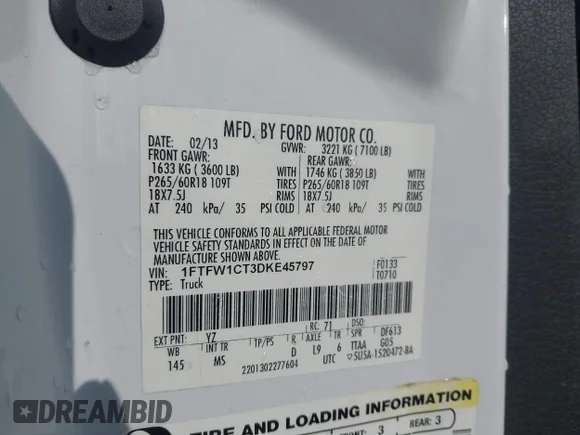 ✅ 2013 Ford F-150 XL • VIN: 1FTFW1CT3DKE45797 • Lot: 43139450. Wystawiony na IAAI z przebiegiem 134 027 mil. Bezpłatny archiwum sprzedaży aukcyjnych z USA i szczegółowy raport historii pojazdu na DreamBid. Zdjęcie 9.