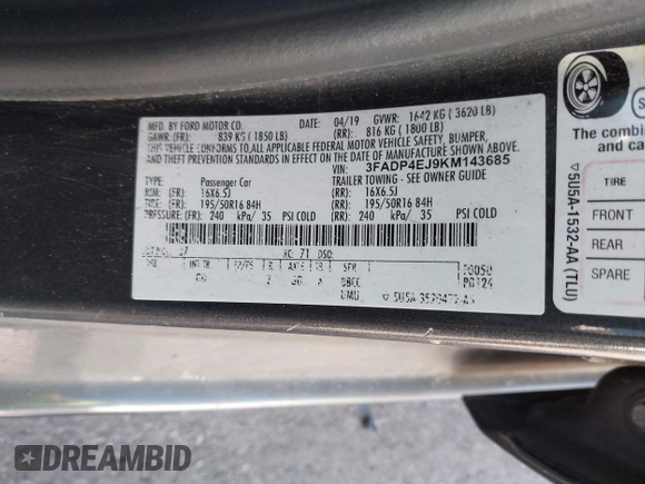✅ 2019 Ford Fiesta SE • VIN: 3FADP4EJ9KM143685 • Lot: 44467821. Wystawiony na IAAI z przebiegiem 198 663 mil. Bezpłatny archiwum sprzedaży aukcyjnych z USA i szczegółowy raport historii pojazdu na DreamBid. Zdjęcie 9.