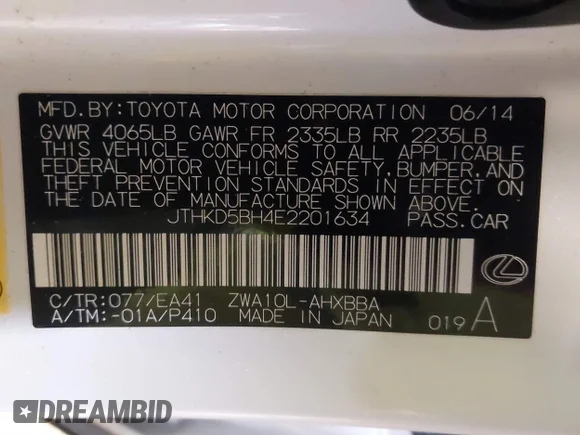 ✅ 2014 Lexus CT 200h • VIN: JTHKD5BH4E2201634 • Лот: 41068948. Опубліковано раніше на IAAI з пробігом 132 125 миль. Безкоштовний доступ до архіву аукціонних продажів зі США та докладний звіт про історію автомобіля на DreamBid. Зображення 9.