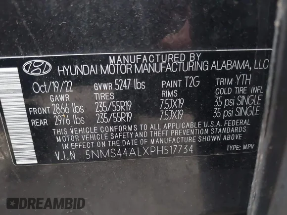 ✅ 2023 Hyundai Santa Fe Limited • VIN: 5NMS44ALXPH517734 • Lot: 44088806. Listed on IAAI with 108,313 mi. Free auction sales archive from the USA and detailed vehicle history report at DreamBid. Image 9.