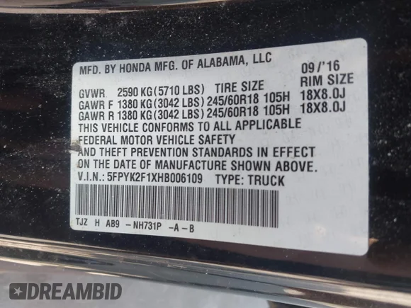 ✅ 2017 Honda Ridgeline Sport • VIN: 5FPYK2F1XHB006109 • Lot: 45316194. Wystawiony na IAAI z przebiegiem 93 337 mil. Bezpłatny archiwum sprzedaży aukcyjnych z USA i szczegółowy raport historii pojazdu na DreamBid. Zdjęcie 9.