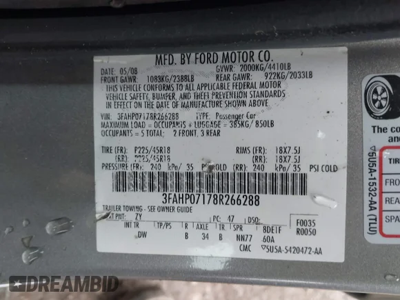 ✅ 2008 Ford Fusion SE • VIN: 3FAHP07178R266288 • Лот: 44695624. Опубліковано раніше на IAAI з пробігом 175 653 миль. Безкоштовний доступ до архіву аукціонних продажів зі США та докладний звіт про історію автомобіля на DreamBid. Зображення 9.
