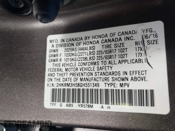 ✅ 2016 Honda CR-V EX • VIN: 2HKRM3H58GH551349 • Lot: 43671096. Listed on IAAI with 89,148 mi. Free auction sales archive from the USA and detailed vehicle history report at DreamBid. Image 9.