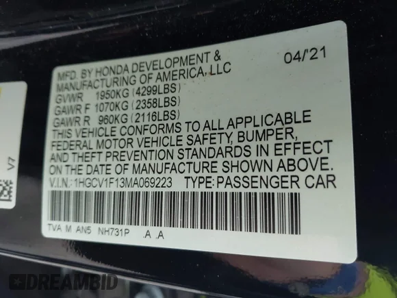 ✅ 2021 Honda Accord LX • VIN: 1HGCV1F13MA069223 • Lot: 43625580. Wystawiony na IAAI z przebiegiem 73 879 mil. Bezpłatny archiwum sprzedaży aukcyjnych z USA i szczegółowy raport historii pojazdu na DreamBid. Zdjęcie 9.