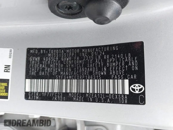 ✅ 2024 Toyota Corolla SE • VIN: 5YFS4MCE0RP186315 • Lot: 45059198. Listed on IAAI with 61,101 mi. Free auction sales archive from the USA and detailed vehicle history report at DreamBid. Image 9.