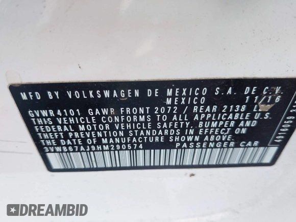 ✅ 2017 Volkswagen Jetta SE • VIN: 3VWB67AJ9HM290574 • Lot: 43905363. Wystawiony na IAAI z przebiegiem 182 329 mil. Bezpłatny archiwum sprzedaży aukcyjnych z USA i szczegółowy raport historii pojazdu na DreamBid. Zdjęcie 9.