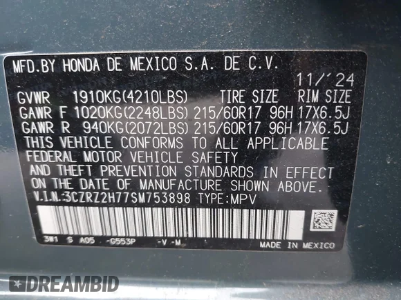 ✅ 2025 Honda HR-V EX-L • VIN: 3CZRZ2H77SM753898 • Lot: 43911104. Wystawiony na IAAI z przebiegiem 10 836 mil. Bezpłatny archiwum sprzedaży aukcyjnych z USA i szczegółowy raport historii pojazdu na DreamBid. Zdjęcie 9.
