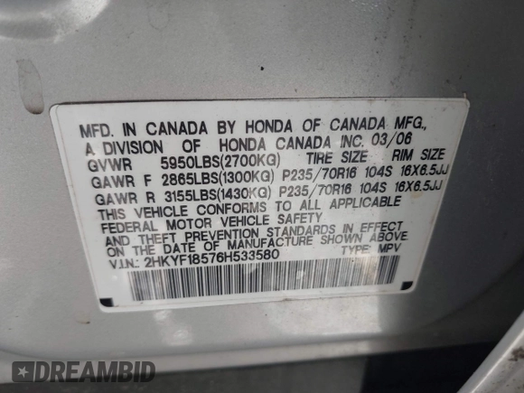 ✅ 2006 Honda Pilot EX-L • VIN: 2HKYF18576H533580 • Lot: 44992800. Listed on IAAI with 168,328 mi. Free auction sales archive from the USA and detailed vehicle history report at DreamBid. Image 9.