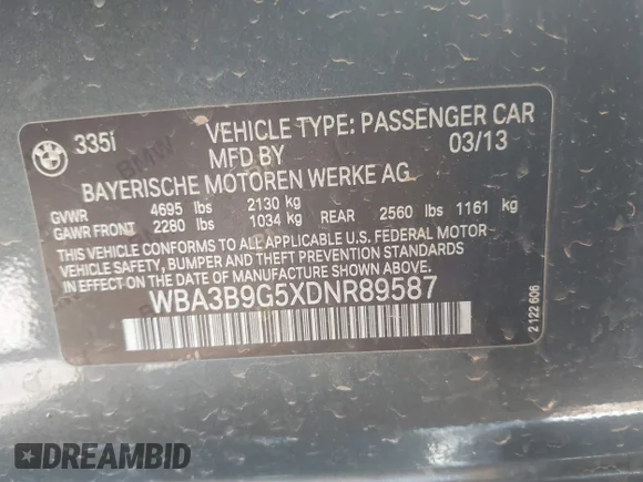 ✅ 2013 BMW 3 Series 335i xDrive • VIN: WBA3B9G5XDNR89587 • Лот: 43534908. Опубликован ранее на IAAI с пробегом 147 541 миль. Бесплатный доступ к архиву аукционных продаж из США и подробный отчёт об истории автомобиля на DreamBid. Изображение 9.