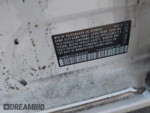 ✅ 2012 Volkswagen Golf • VIN: WVWDB7AJ7CW332725 • Lot: 43130359. Listed on IAAI with 86,393 mi. Free auction sales archive from the USA and detailed vehicle history report at DreamBid. Image 9.