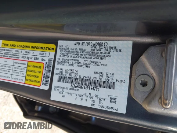 ✅ 2014 Ford Fusion SE • VIN: 3FA6P0H71ER194784 • Lot: 44965282. Listed on IAAI with 78,723 mi. Free auction sales archive from the USA and detailed vehicle history report at DreamBid. Image 9.