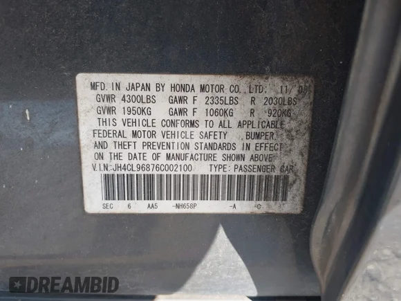 ✅ 2006 Acura TSX • VIN: JH4CL96876C002100 • Lot: 44352542. Listed on IAAI with 240,979 mi. Free auction sales archive from the USA and detailed vehicle history report at DreamBid. Image 9.