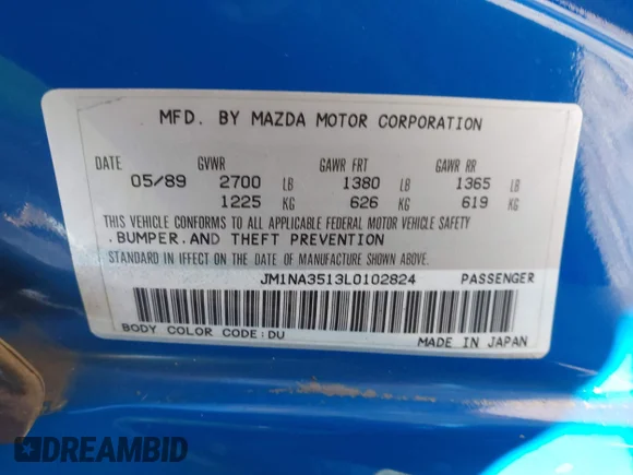✅ 1990 Mazda MX-5 Miata • VIN: JM1NA3513L0102824 • Лот: 43195946. Опубліковано раніше на IAAI з пробігом 181 478 миль. Безкоштовний доступ до архіву аукціонних продажів зі США та докладний звіт про історію автомобіля на DreamBid. Зображення 9.