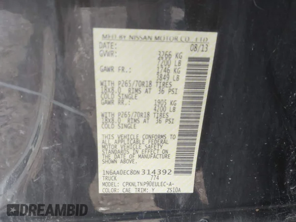 ✅ 2013 Nissan Titan SV • VIN: 1N6AA0EC8DN314392 • Lot: 43555822. Wystawiony na IAAI z przebiegiem 114 928 mil. Bezpłatny archiwum sprzedaży aukcyjnych z USA i szczegółowy raport historii pojazdu na DreamBid. Zdjęcie 9.