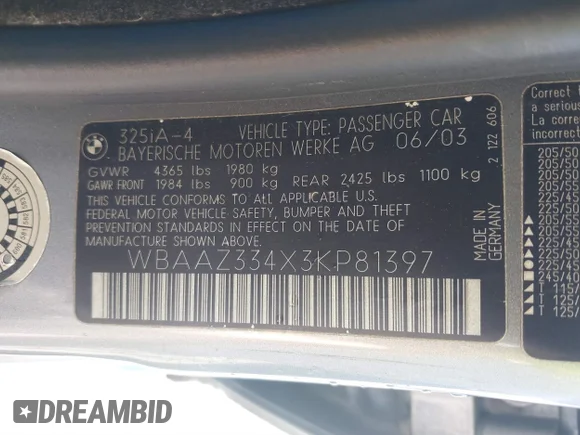 ✅ 2003 BMW 3 Series 325i • VIN: WBAAZ334X3KP81397 • Lot: 41633863. Listed on IAAI with 128,133 mi. Free auction sales archive from the USA and detailed vehicle history report at DreamBid. Image 9.