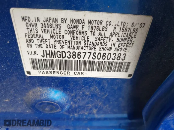 ✅ 2007 Honda Fit Sport • VIN: JHMGD38677S060383 • Lot: 41570104. Wystawiony na IAAI z przebiegiem 213 350 mil. Bezpłatny archiwum sprzedaży aukcyjnych z USA i szczegółowy raport historii pojazdu na DreamBid. Zdjęcie 9.