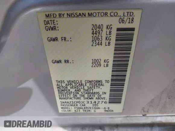 ✅ 2018 Nissan LEAF S • VIN: 1N4AZ1CP0JC314276 • Lot: 43455070. Wystawiony na IAAI z przebiegiem 91 705 mil. Bezpłatny archiwum sprzedaży aukcyjnych z USA i szczegółowy raport historii pojazdu na DreamBid. Zdjęcie 9.