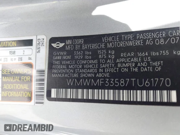 ✅ 2007 MINI Hardtop • VIN: WMWMF33587TU61770 • Лот: 42827391. Опубликован ранее на IAAI с пробегом 108 669 миль. Бесплатный доступ к архиву аукционных продаж из США и подробный отчёт об истории автомобиля на DreamBid. Изображение 9.