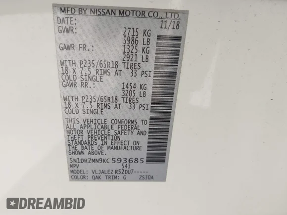 ✅ 2019 Nissan Pathfinder SL • VIN: 5N1DR2MN9KC593685 • Lot: 44318029. Wystawiony na IAAI z przebiegiem 67 147 mil. Bezpłatny archiwum sprzedaży aukcyjnych z USA i szczegółowy raport historii pojazdu na DreamBid. Zdjęcie 9.