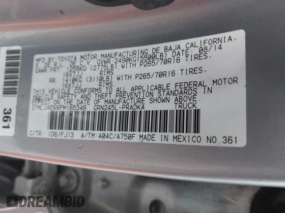 ✅ 2015 Toyota Tacoma • VIN: 3TMLU4ENXFM165346 • Лот: 43996860. Опубліковано раніше на IAAI з пробігом 121 540 миль. Безкоштовний доступ до архіву аукціонних продажів зі США та докладний звіт про історію автомобіля на DreamBid. Зображення 9.