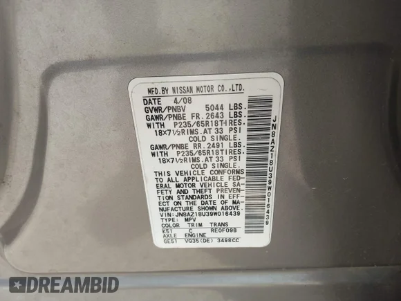 ✅ 2009 Nissan Murano SL • VIN: JN8AZ18U39W016439 • Lot: 44135545. Wystawiony na IAAI z przebiegiem 170 506 mil. Bezpłatny archiwum sprzedaży aukcyjnych z USA i szczegółowy raport historii pojazdu na DreamBid. Zdjęcie 9.