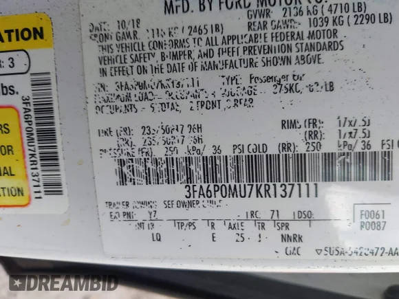 ✅ 2019 Ford Fusion SEL • VIN: 3FA6P0MU7KR137111 • Lot: 44440418. Wystawiony na IAAI z przebiegiem 104 503 mil. Bezpłatny archiwum sprzedaży aukcyjnych z USA i szczegółowy raport historii pojazdu na DreamBid. Zdjęcie 9.