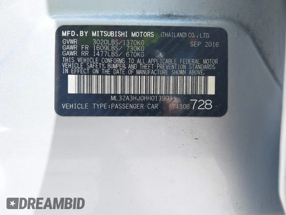 ✅ 2017 Mitsubishi Mirage ES • VIN: ML32A3HJ0HH013903 • Лот: 41509802. Опубліковано раніше на IAAI з пробігом 64 353 миль. Безкоштовний доступ до архіву аукціонних продажів зі США та докладний звіт про історію автомобіля на DreamBid. Зображення 9.