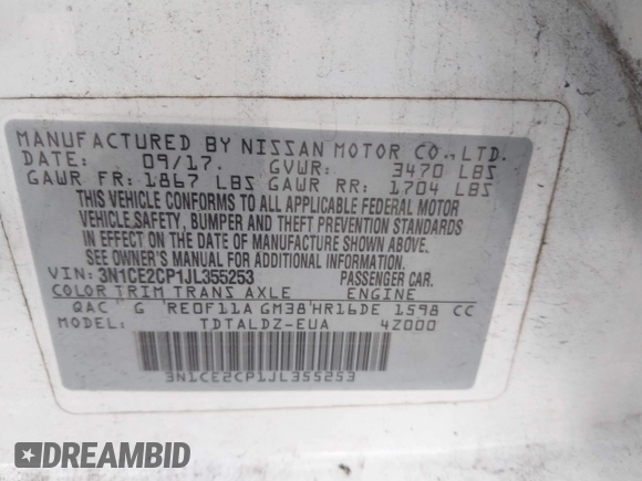 ✅ 2018 Nissan Note SV • VIN: 3N1CE2CP1JL355253 • Lot: 44310314. Listed on IAAI with 175,959 mi. Free auction sales archive from the USA and detailed vehicle history report at DreamBid. Image 9.