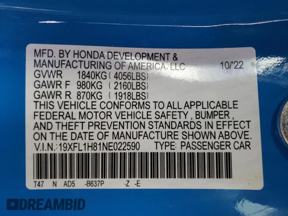 ✅ 2022 Honda Civic Sport Touring • VIN: 19XFL1H81NE022590 • Lot: 71877612. Wystawiony na Copart z przebiegiem 2 936 mil. Bezpłatny archiwum sprzedaży aukcyjnych z USA i szczegółowy raport historii pojazdu na DreamBid. Zdjęcie 14.