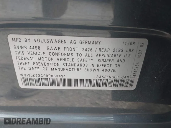 ✅ 2009 Volkswagen Passat Komfort • VIN: WVWJK73C99P053491 • Lot: 42919868. Wystawiony na IAAI z przebiegiem 131 550 mil. Bezpłatny archiwum sprzedaży aukcyjnych z USA i szczegółowy raport historii pojazdu na DreamBid. Zdjęcie 9.