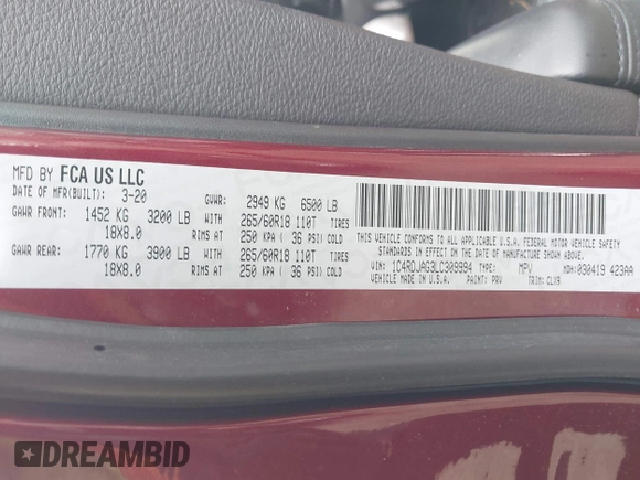 ✅ 2020 Dodge Durango SXT Plus • VIN: 1C4RDJAG3LC309994 • Lot: 42329582. Wystawiony na IAAI z przebiegiem 53 535 mil. Bezpłatny archiwum sprzedaży aukcyjnych z USA i szczegółowy raport historii pojazdu na DreamBid. Zdjęcie 9.