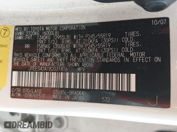 ✅ 2008 Toyota Highlander Limited • VIN: JTEES42A182031816 • Lot: 44837145. Wystawiony na IAAI z przebiegiem 230 301 mil. Bezpłatny archiwum sprzedaży aukcyjnych z USA i szczegółowy raport historii pojazdu na DreamBid. Zdjęcie 9.