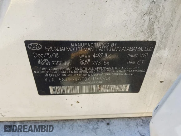✅ 2019 Hyundai Sonata SE • VIN: 5NPE24AF0KH765208 • Lot: 44856284. Wystawiony na IAAI z przebiegiem 46 613 mil. Bezpłatny archiwum sprzedaży aukcyjnych z USA i szczegółowy raport historii pojazdu na DreamBid. Zdjęcie 9.
