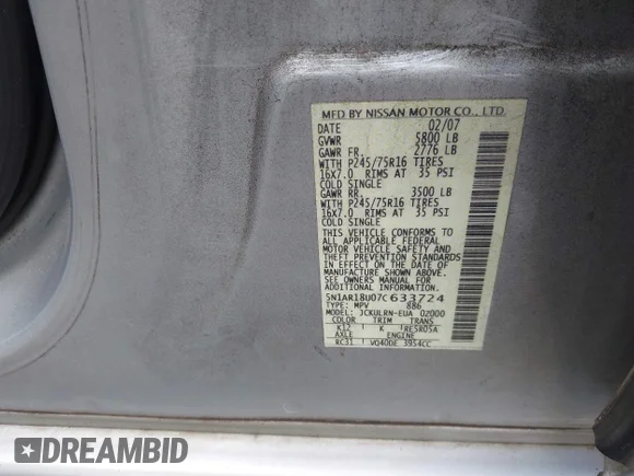 ✅ 2007 Nissan Pathfinder S • VIN: 5N1AR18U07C633724 • Lot: 42355262. Wystawiony na IAAI z przebiegiem 108 829 mil. Bezpłatny archiwum sprzedaży aukcyjnych z USA i szczegółowy raport historii pojazdu na DreamBid. Zdjęcie 9.
