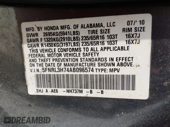 ✅ 2010 Honda Odyssey EX-L • VIN: 5FNRL3H74AB096574 • Лот: 45357867. Опубліковано раніше на IAAI з пробігом 176 819 миль. Безкоштовний доступ до архіву аукціонних продажів зі США та докладний звіт про історію автомобіля на DreamBid. Зображення 9.