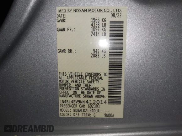 ✅ 2022 Nissan Altima S • VIN: 1N4BL4BV9NN412014 • Lot: 45060896. Wystawiony na IAAI z przebiegiem 46 296 mil. Bezpłatny archiwum sprzedaży aukcyjnych z USA i szczegółowy raport historii pojazdu na DreamBid. Zdjęcie 9.