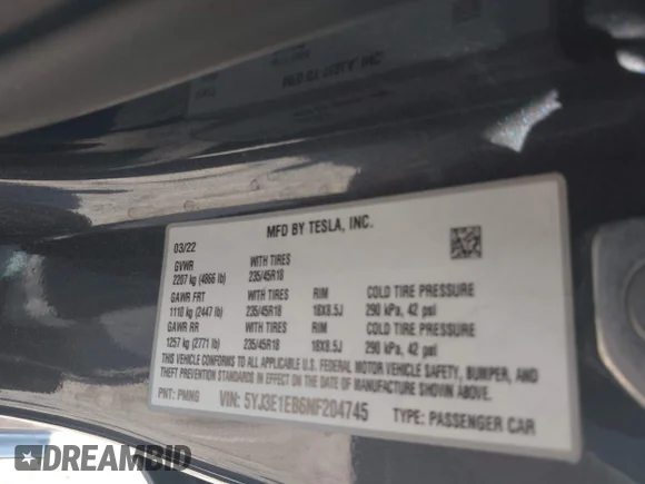 ✅ 2022 Tesla Model 3 Long Range • VIN: 5YJ3E1EB6NF204745 • Lot: 45104719. Wystawiony na IAAI z przebiegiem 68 489 mil. Bezpłatny archiwum sprzedaży aukcyjnych z USA i szczegółowy raport historii pojazdu na DreamBid. Zdjęcie 9.