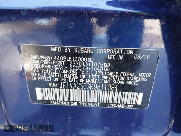 ✅ 2019 Subaru WRX STI • VIN: JF1VA2S63K9811084 • Lot: 42129347. Wystawiony na IAAI z przebiegiem 64 229 mil. Bezpłatny archiwum sprzedaży aukcyjnych z USA i szczegółowy raport historii pojazdu na DreamBid. Zdjęcie 9.